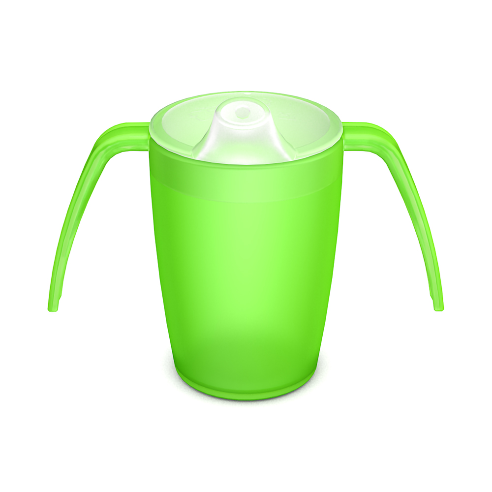 Two handled mug with spouted lid, small opening