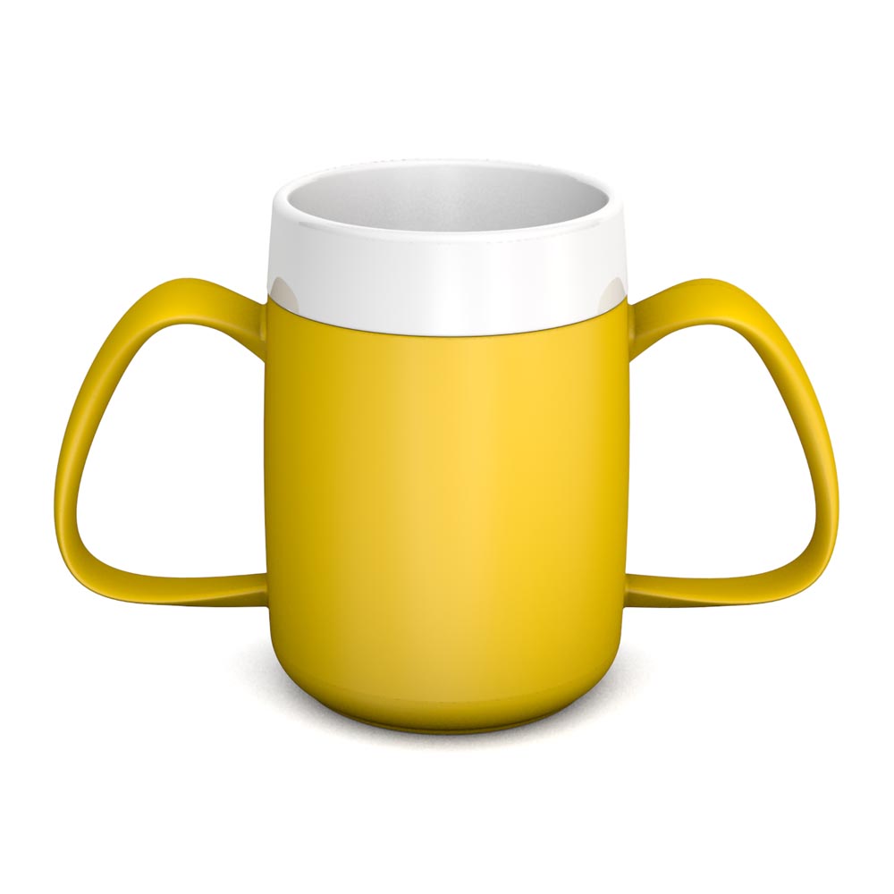 Two handled mug with internal cone and discreet drinking lid