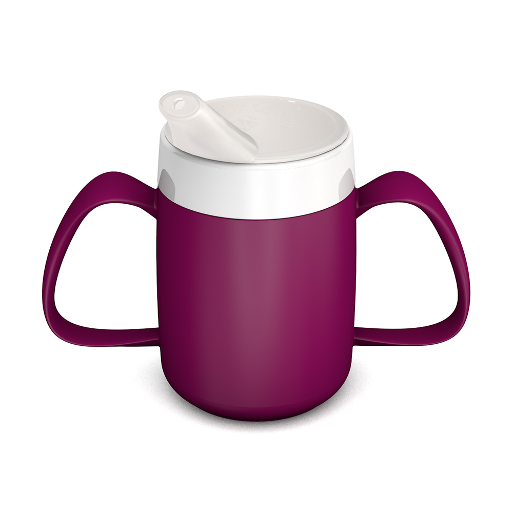 TWO HANDLED MUG WITH INTERNAL CONE AND SPOUTED LID, SMALL OPENING