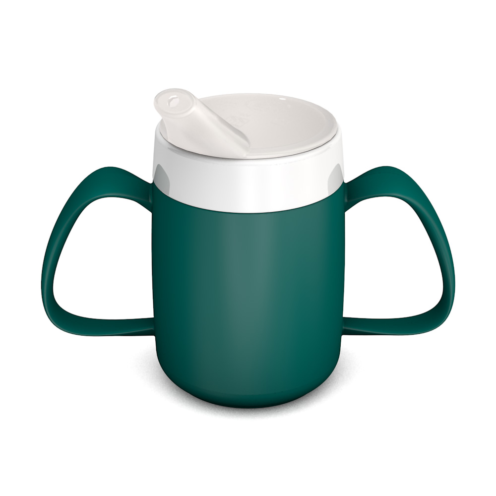 Two handled mug with internal cone and spouted lid, small opening