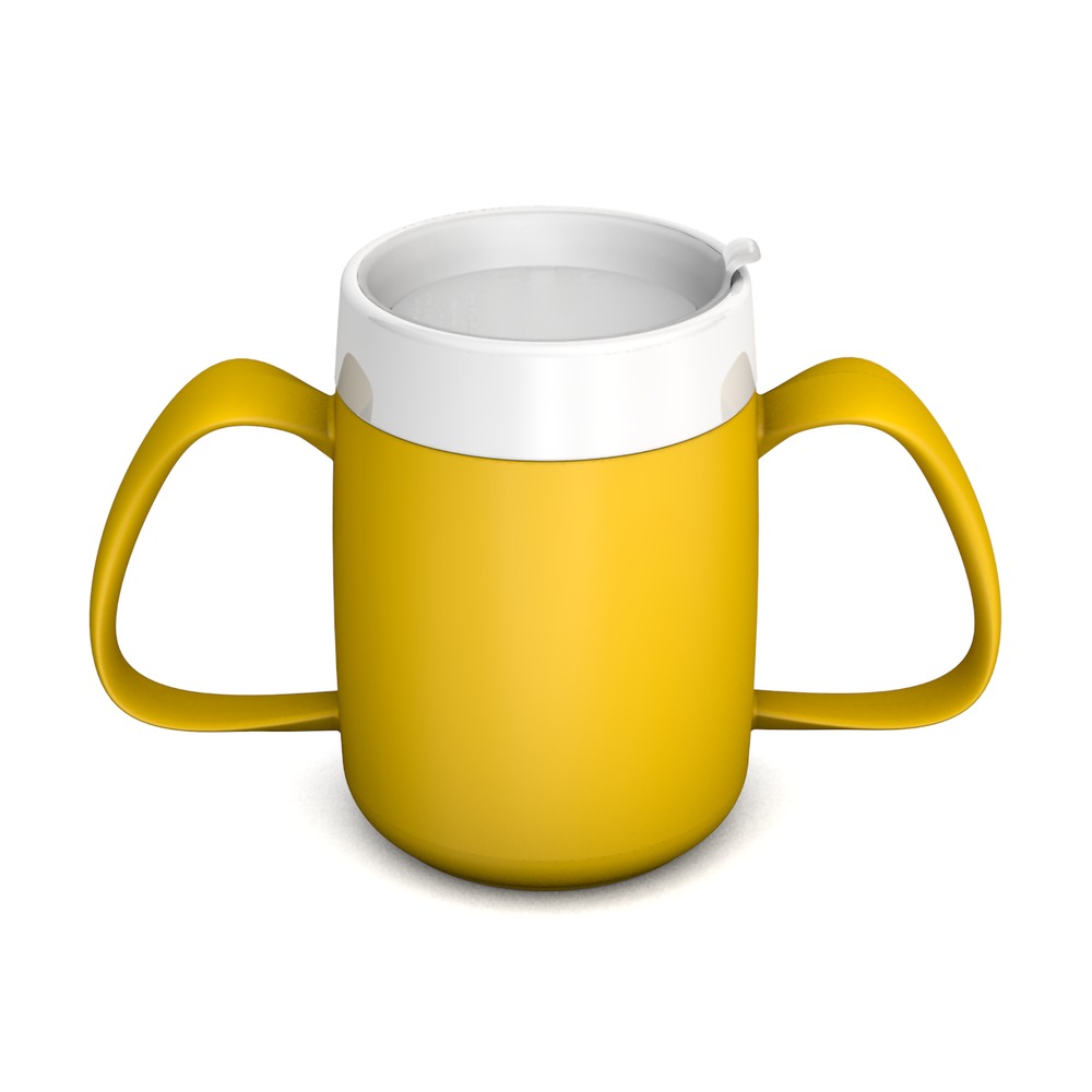 Two handled mug with internal cone and discreet drinking lid