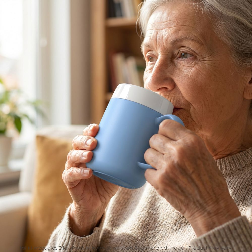 Mug with double wall and drinking lid for straws