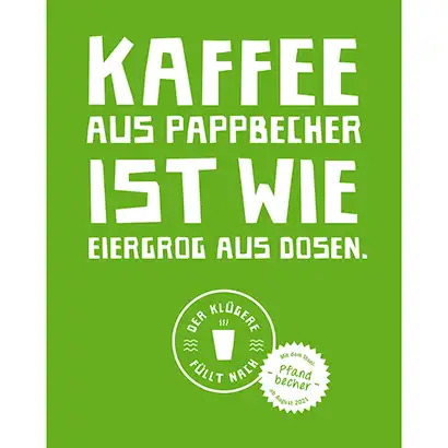 ORNAMIN-Referenz-Helgoland-Kaffeebecher ORNAMIN Banner in grün mit einem Kaffeespruch