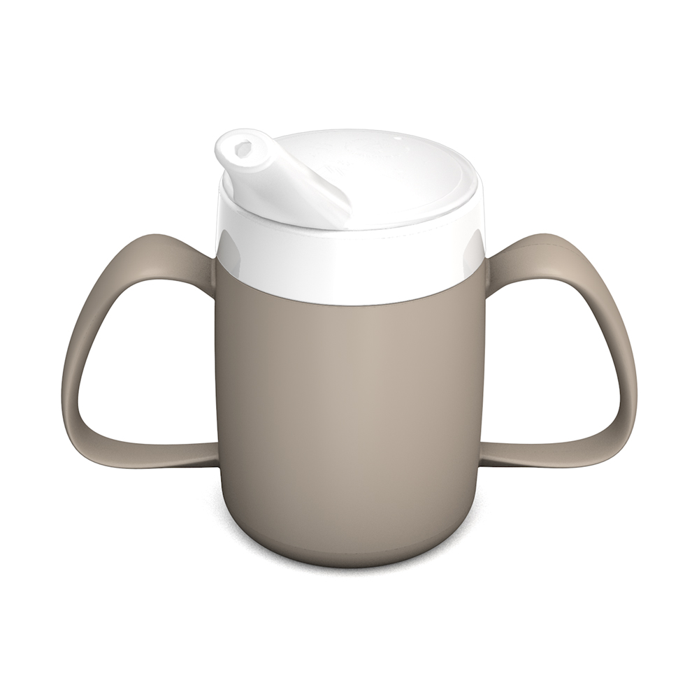 Two handled mug with internal cone and spouted lid, small opening