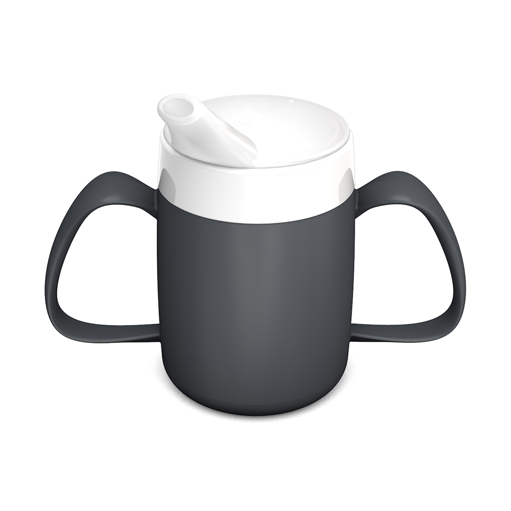 Two handled mug with internal cone and spouted lid, large opening