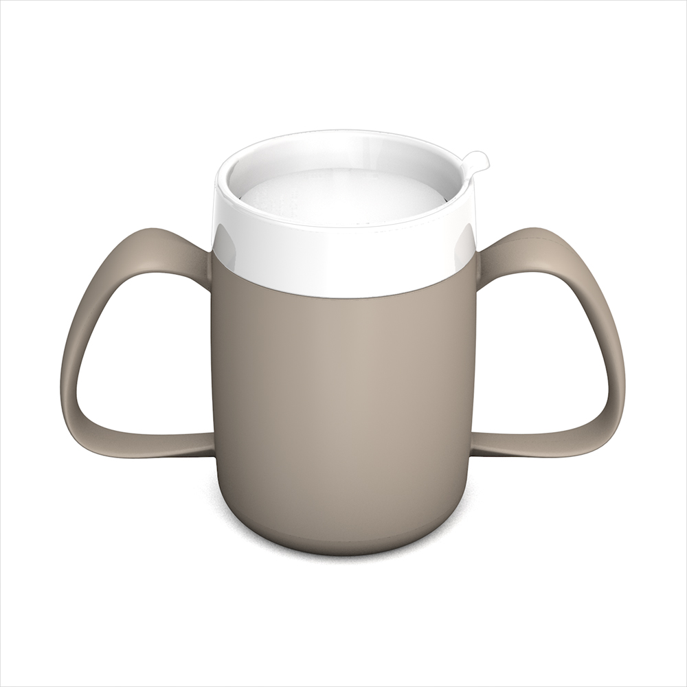 Two handled mug with internal cone and discreet drinking lid Two handled mug with internal cone and discreet drinking lid