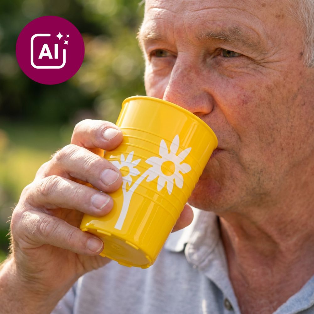 Becher mit Antirutsch-Trick Blume mit unauffälligem Trinkaufsatz
