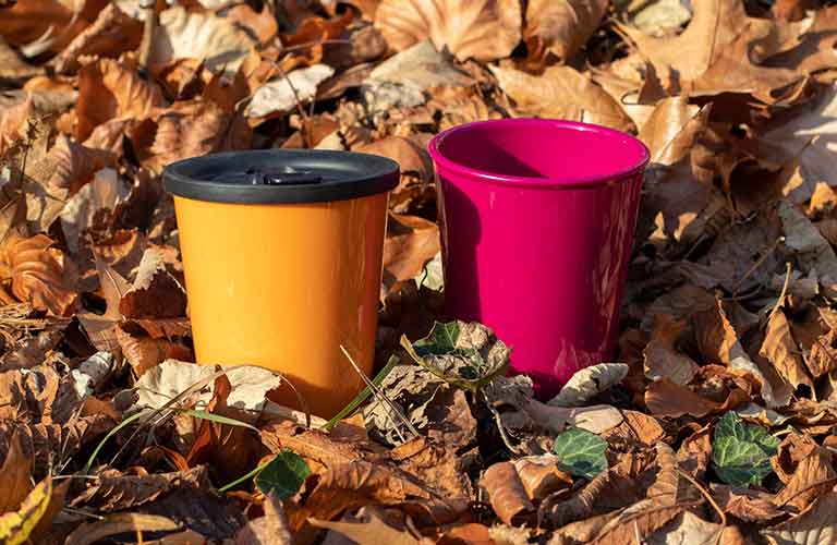 ORNAMIN-Coffee-to-go-Mehrwegbecher-Herbstfarben-kürbis-brombeer zwei Coffee To go Mehrwegbecher in Herbstblättern