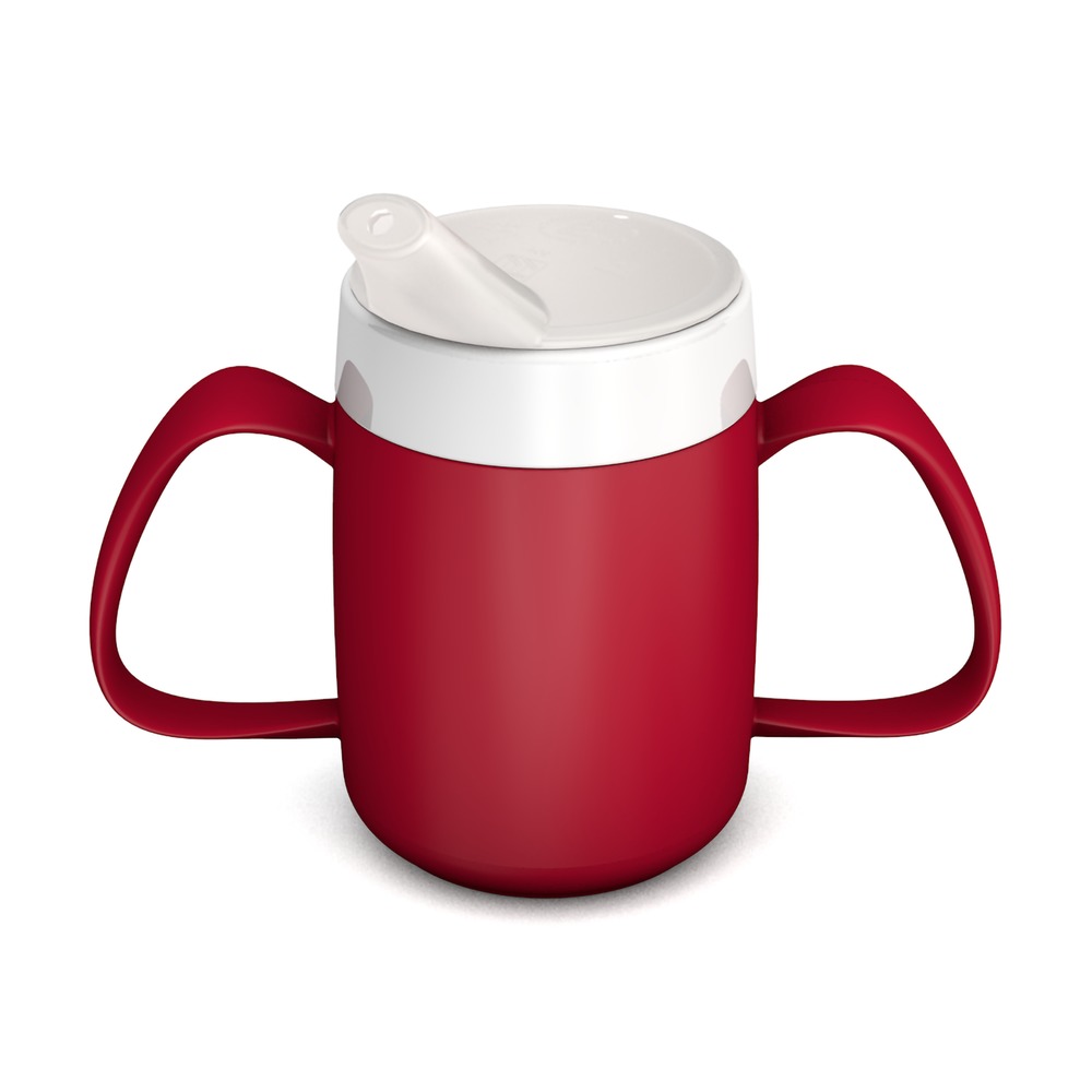 Two handled mug with internal cone and spouted lid, small opening