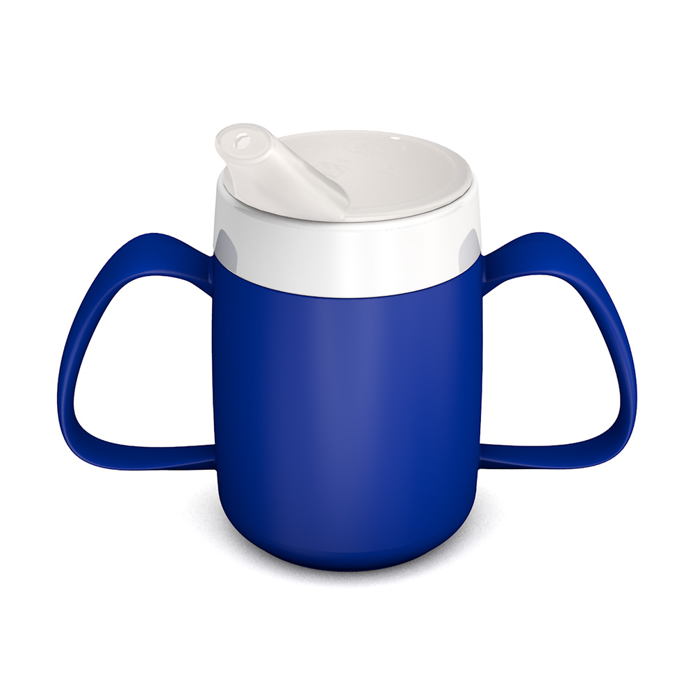 TWO HANDLED MUG WITH INTERNAL CONE AND SPOUTED LID, SMALL OPENING