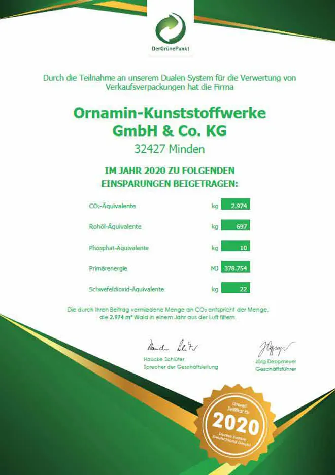 ORNAMIN-der-Grüne-Punkt-Umweltzertifikat ORNAMIN Kunststoffwerke Zertifikat