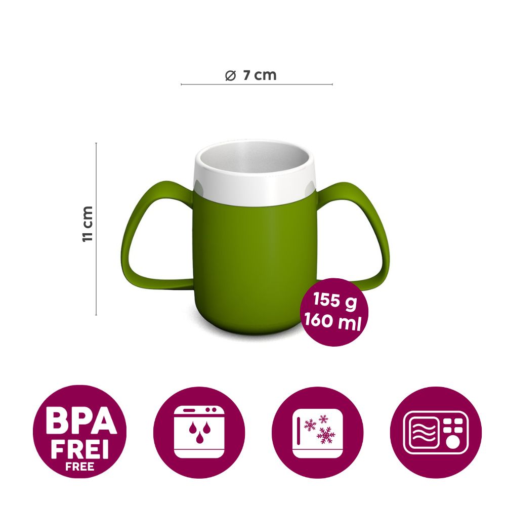 Two handled mug with internal cone and discreet drinking lid