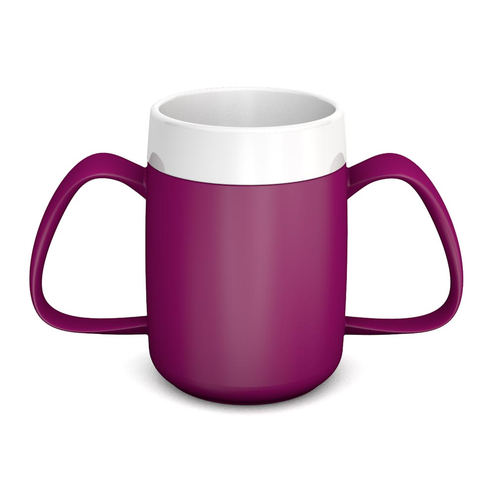 Two handled mug with internal cone and discreet drinking lid Two handled mug with internal cone and discreet drinking lid