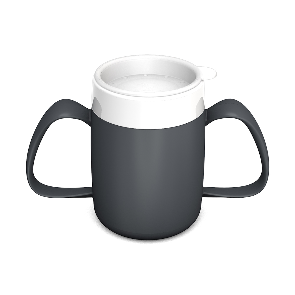 Two handled mug with internal cone and therapeutic drinking lid