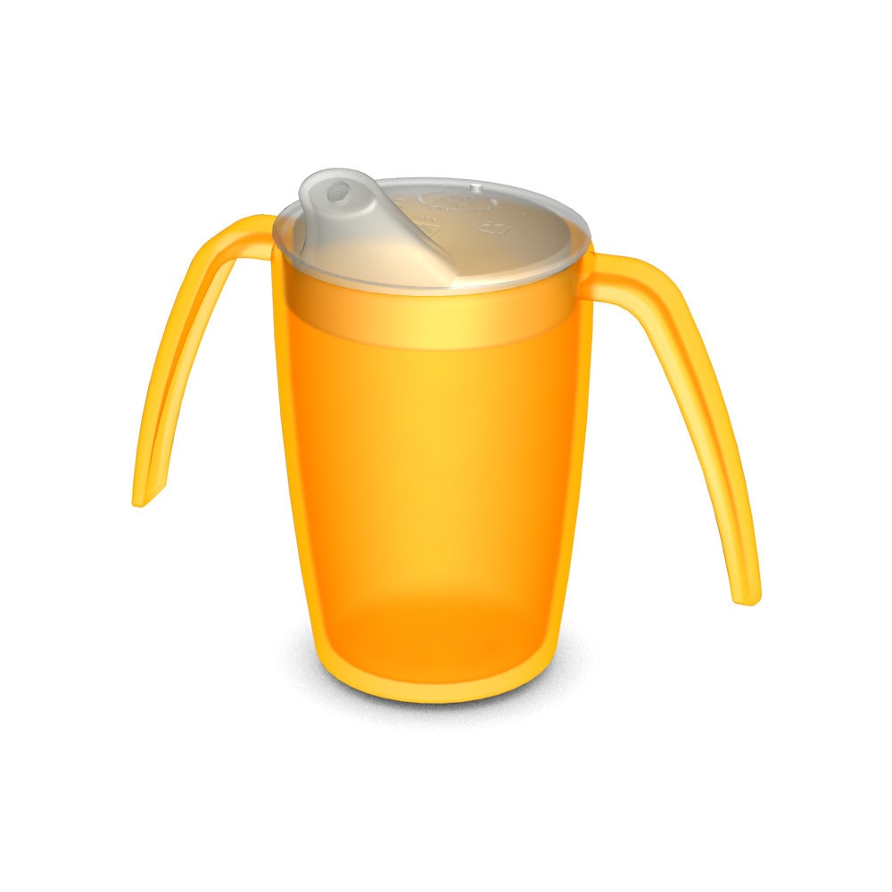 Two handled mug with spouted lid, small opening