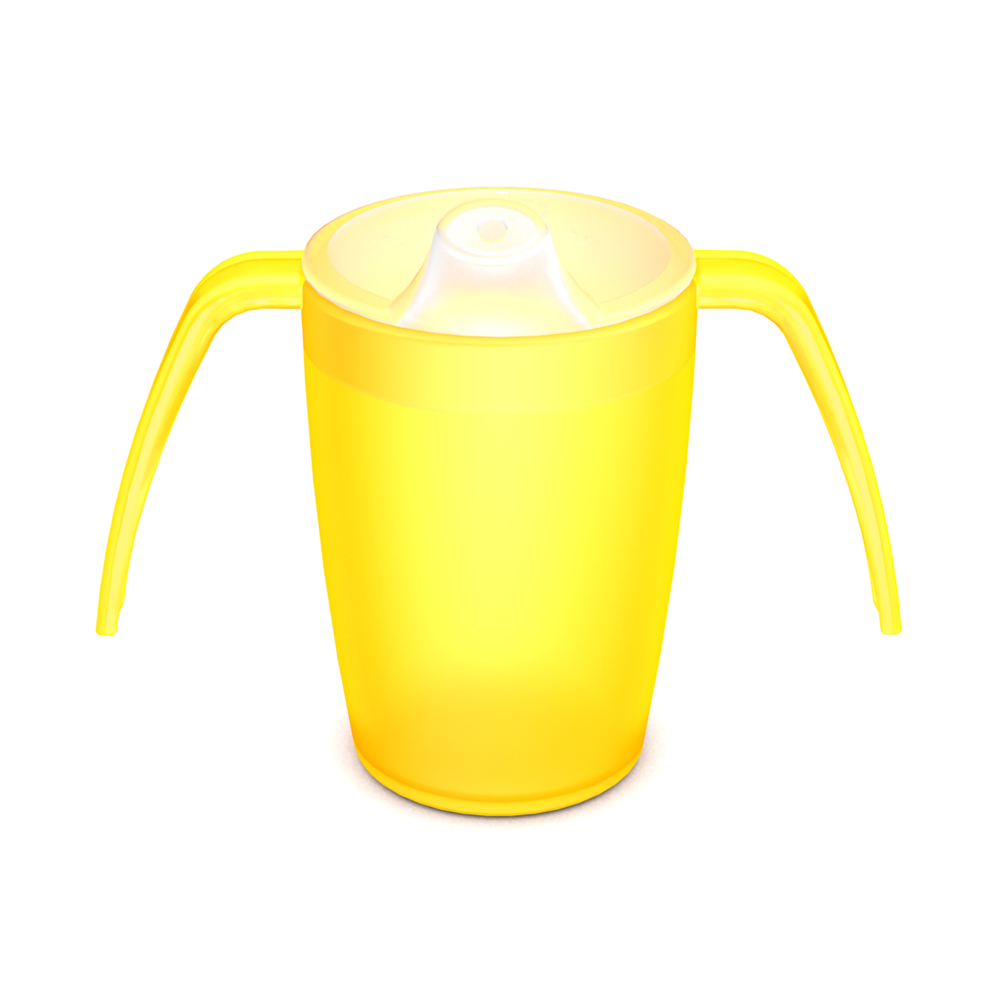 Two handled mug with spouted lid, small opening