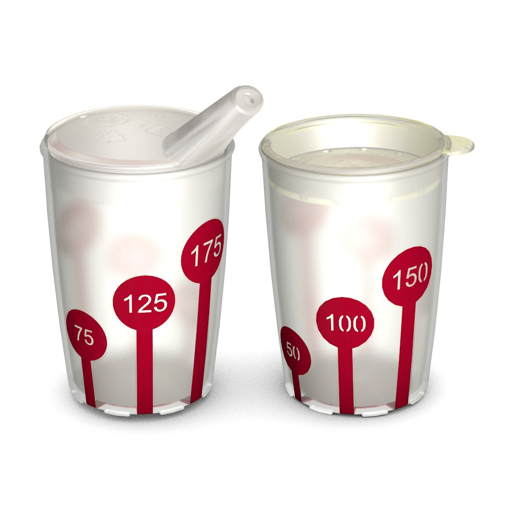 Cup set: 2x cup with anti-slip scale, 1x spout lid, 1x drinking lid